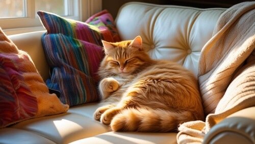 Un gato durmiendo en el sofá.