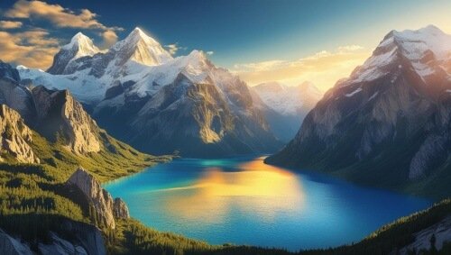 Un paisaje montañoso con un lago.