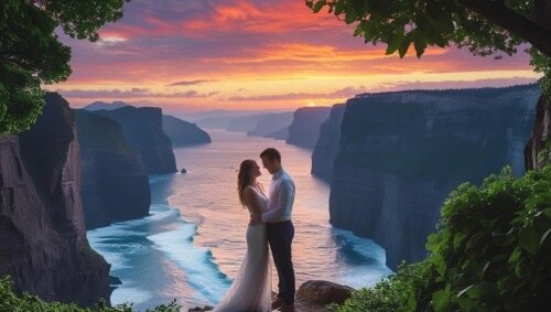 Una pareja de enamorados frente al paisaje de un acantilado